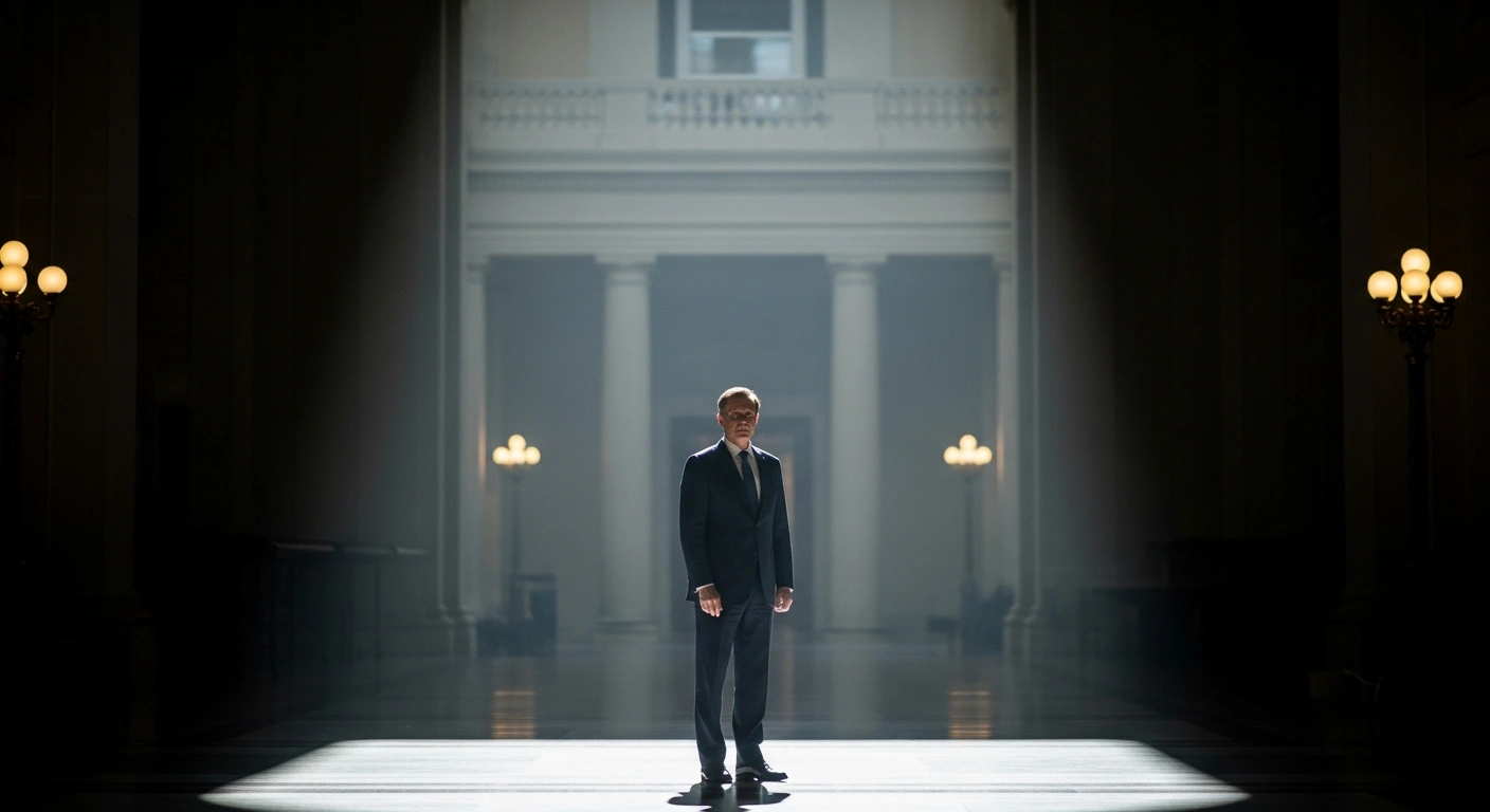 Bill Gates stands in a dimly lit hallway of a government building while facing scrutiny regarding his past associations.
