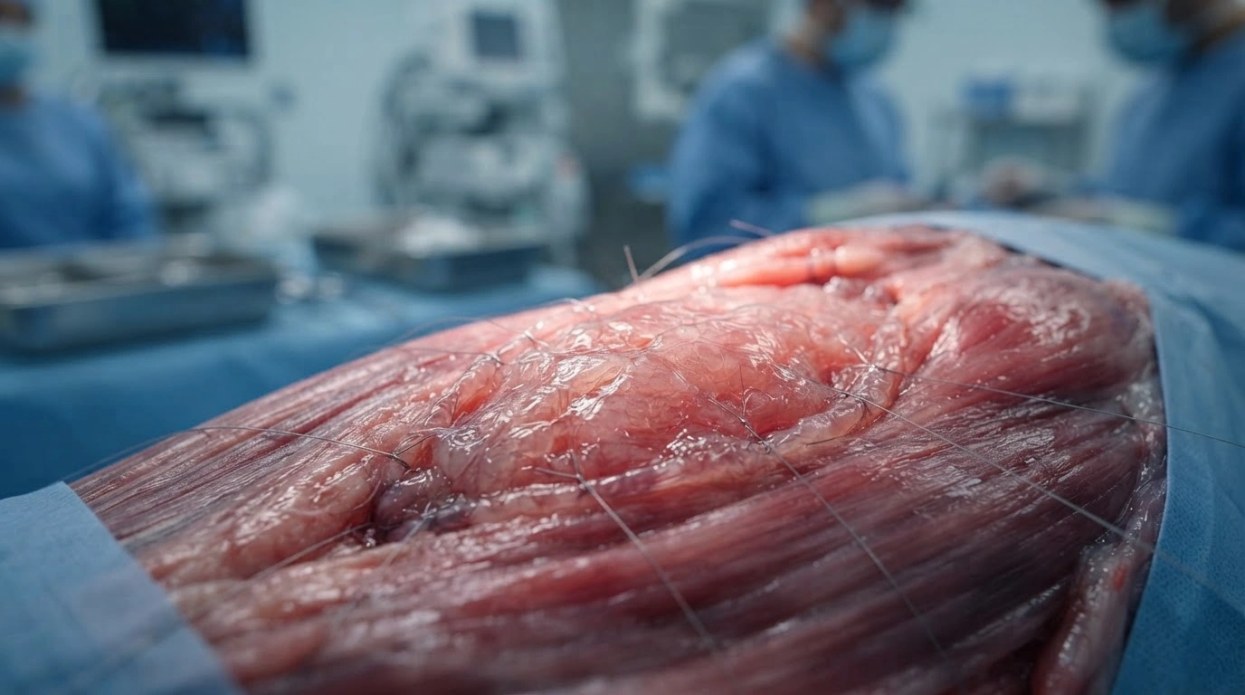 A close-up view of a bio-engineered self-exercising muscle graft integrated into human tissue to promote functional regeneration.