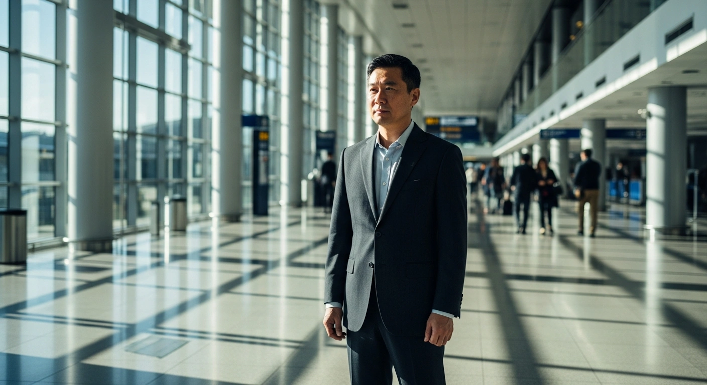 Biologist Xu Xianzhong stands in a modern airport terminal after returning to China following the conclusion of his legal proceedings in the United States.