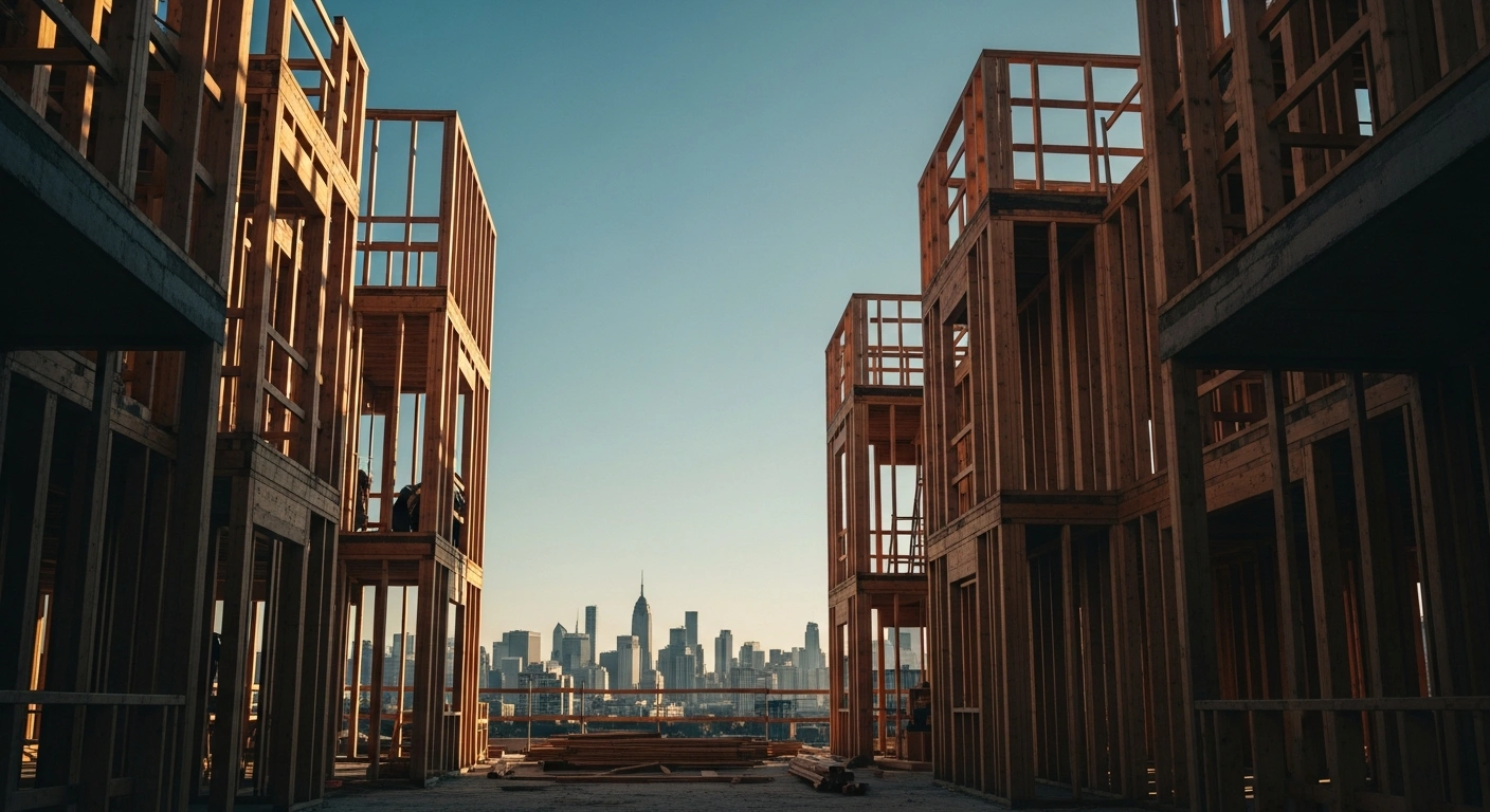 A construction site for new residential housing development stands under a bright sky as part of a bipartisan effort to improve national housing affordability.