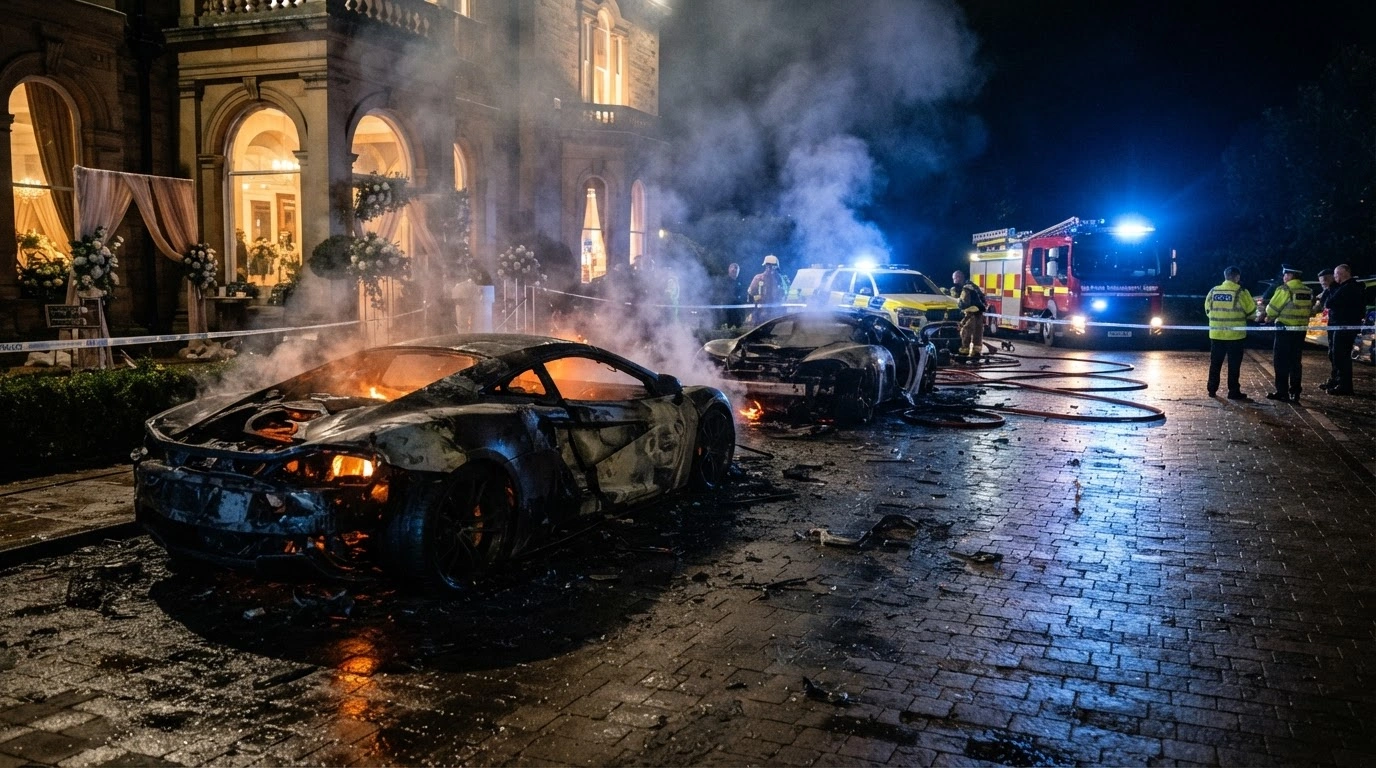 The charred remains of several luxury supercars sit outside a wedding venue in Birmingham after being targeted by firebombs.