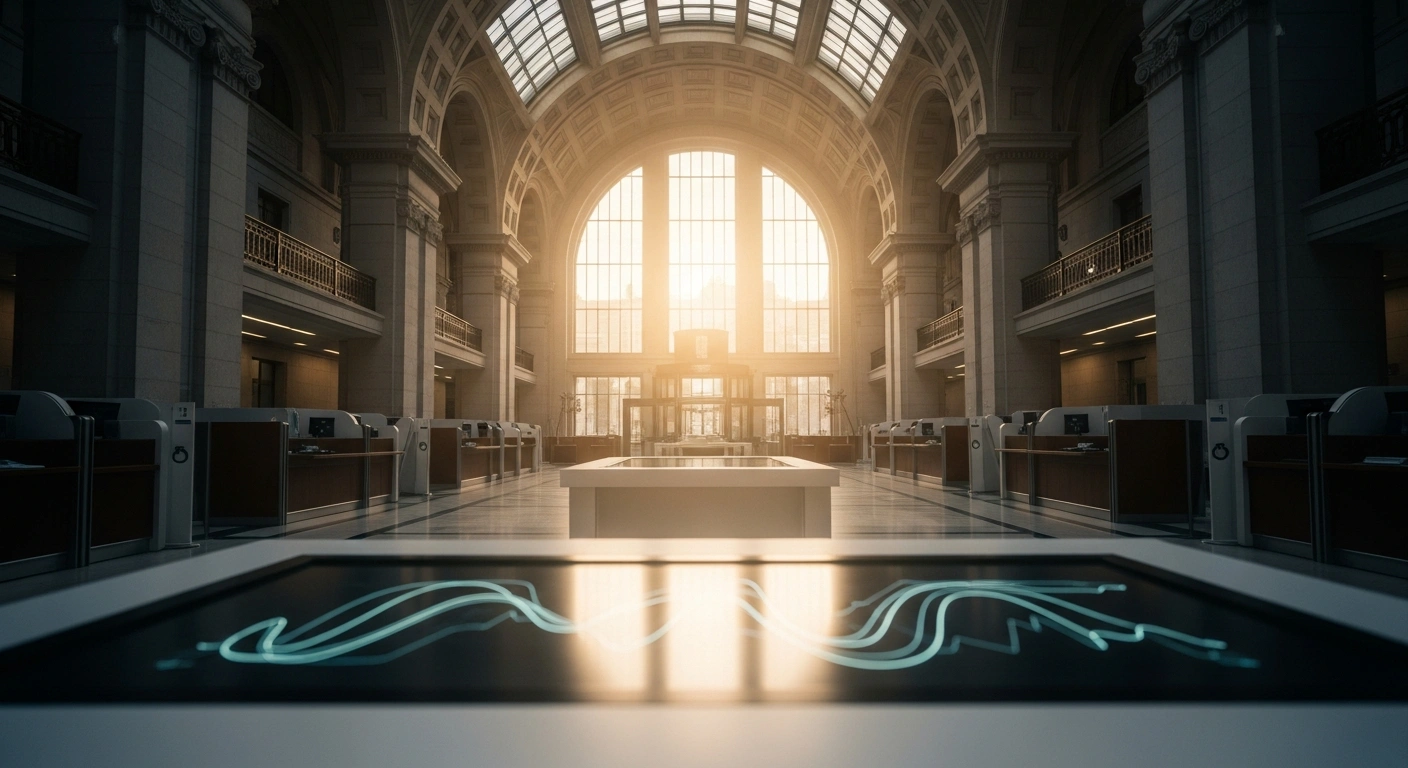 A modern, sunlit bank lobby with high ceilings and large arched windows, featuring a minimalist digital display table subtly glowing with blue-green light, symbolizing Bison Bank's integration of digital assets and the launch of Portugal's first bank-issued stablecoin.