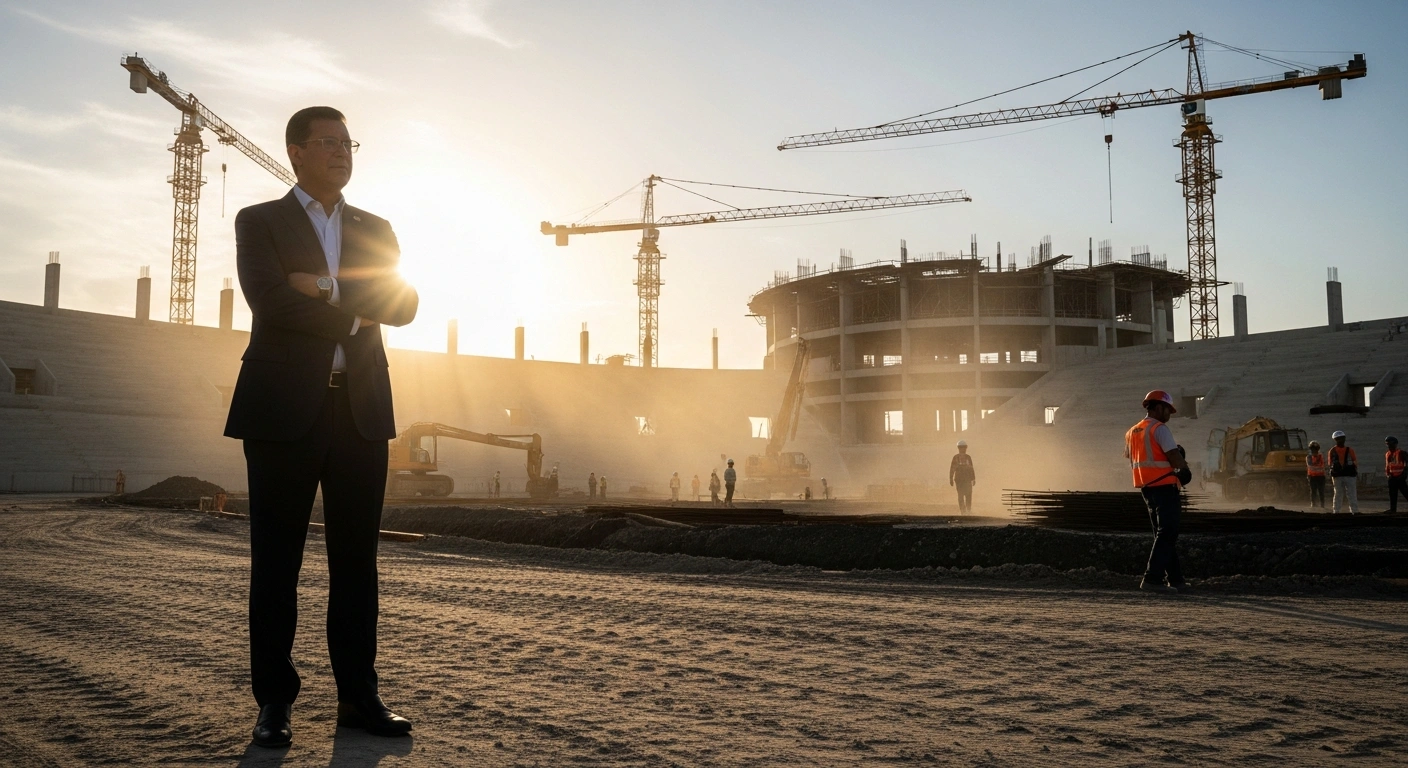 Víctor 'Ito' Bisonó, the Minister of Housing, Habitat and Buildings, is shown inspecting the large, partially constructed sports infrastructure for the Santo Domingo 2026 Central American and Caribbean Games, with cranes and active construction workers visible under a warm sunset.