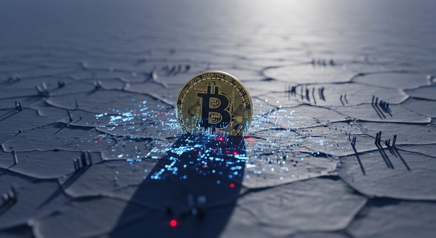 A fractured and partially submerged stylized Bitcoin 'B' icon sits in a desolate digital landscape with swirling data streams, symbolizing the cryptocurrency's significant value decline amidst market pressures and regulatory uncertainty.