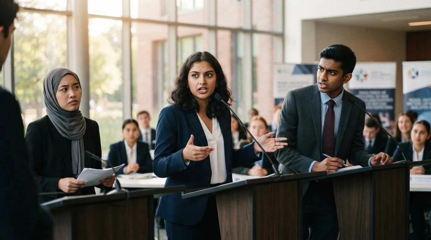 Students participate in a formal Model United Nations conference at the Bangladesh International Tutorial campus to engage in diplomatic debate.