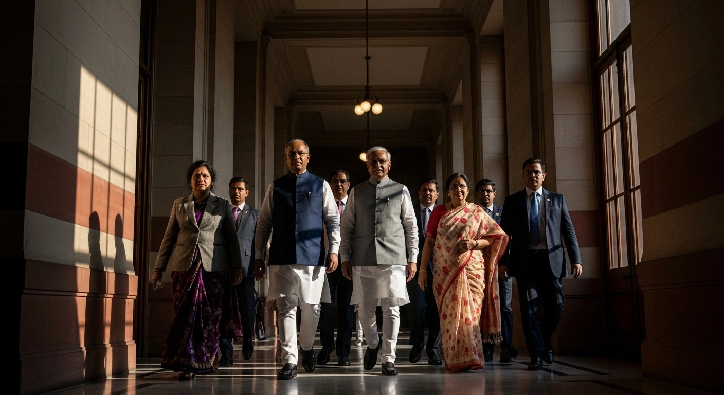 A photorealistic image shows a determined delegation of BJP MLAs from Manipur, led by former Chief Minister N. Biren Singh, walking through a grand, sunlit corridor in a Delhi government building, symbolizing their urgent mission to meet central leaders regarding the state's crisis and the formation of a popular government.