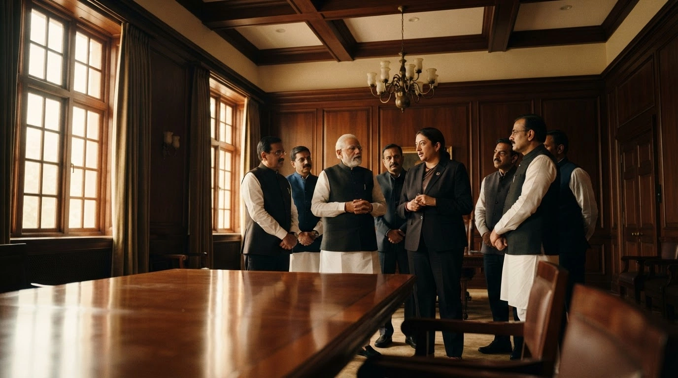 Smriti Irani and other senior BJP leaders stand together in a boardroom following a major national team restructuring led by J.P. Nadda.