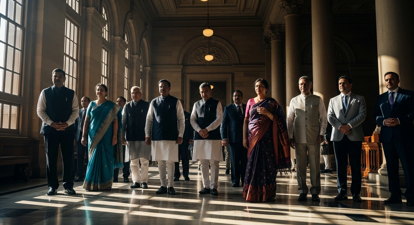A group of Bharatiya Janata Party leaders stands in a grand parliamentary hallway as they prepare for the upcoming Rajya Sabha elections.