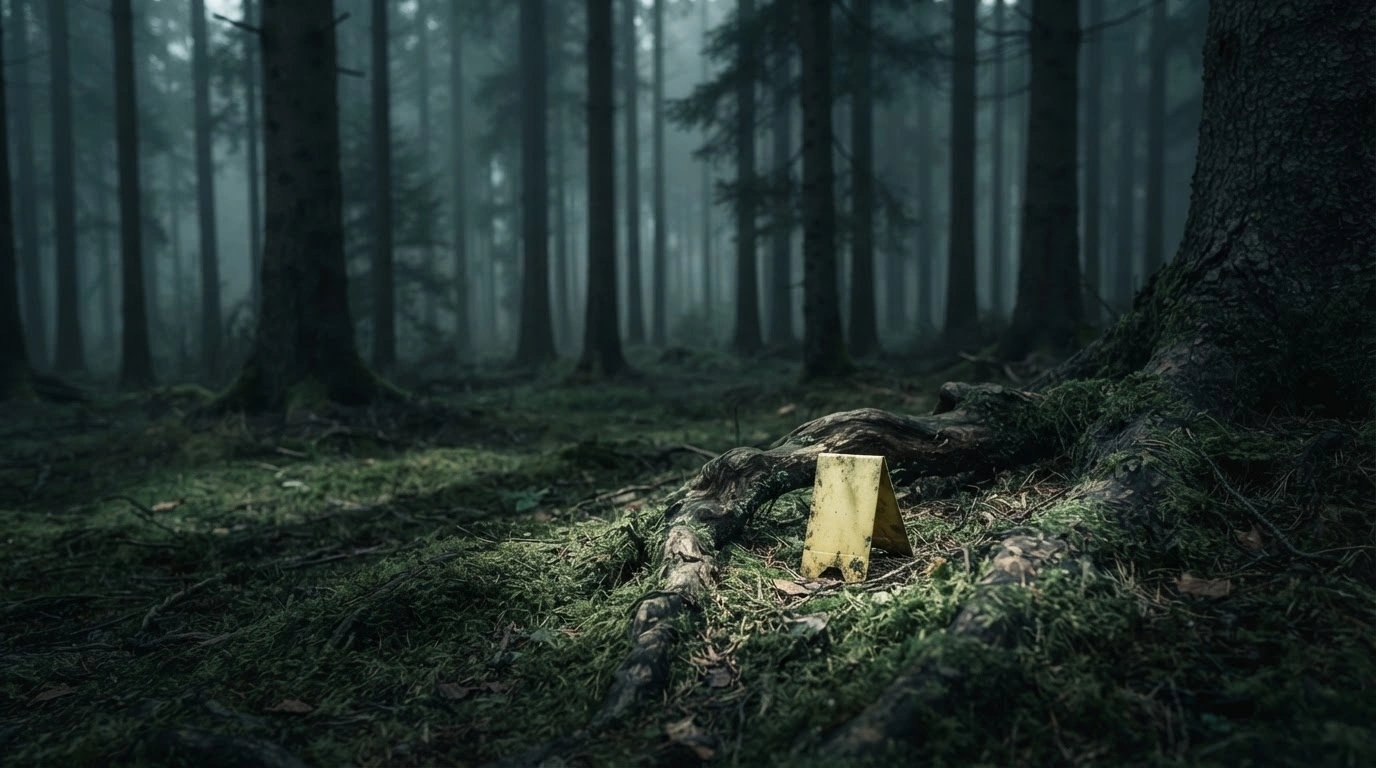 A forensic evidence marker sits in the dark Black Forest where investigators used DNA evidence to solve the 1994 murder of an American tourist.