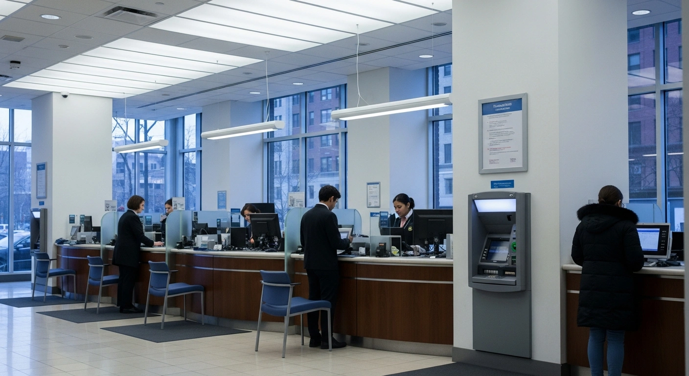 A modern bank lobby with tellers at their stations and a customer conducting business, symbolizing banks across the United States being open for normal operations on Black Friday, November 28, 2025.