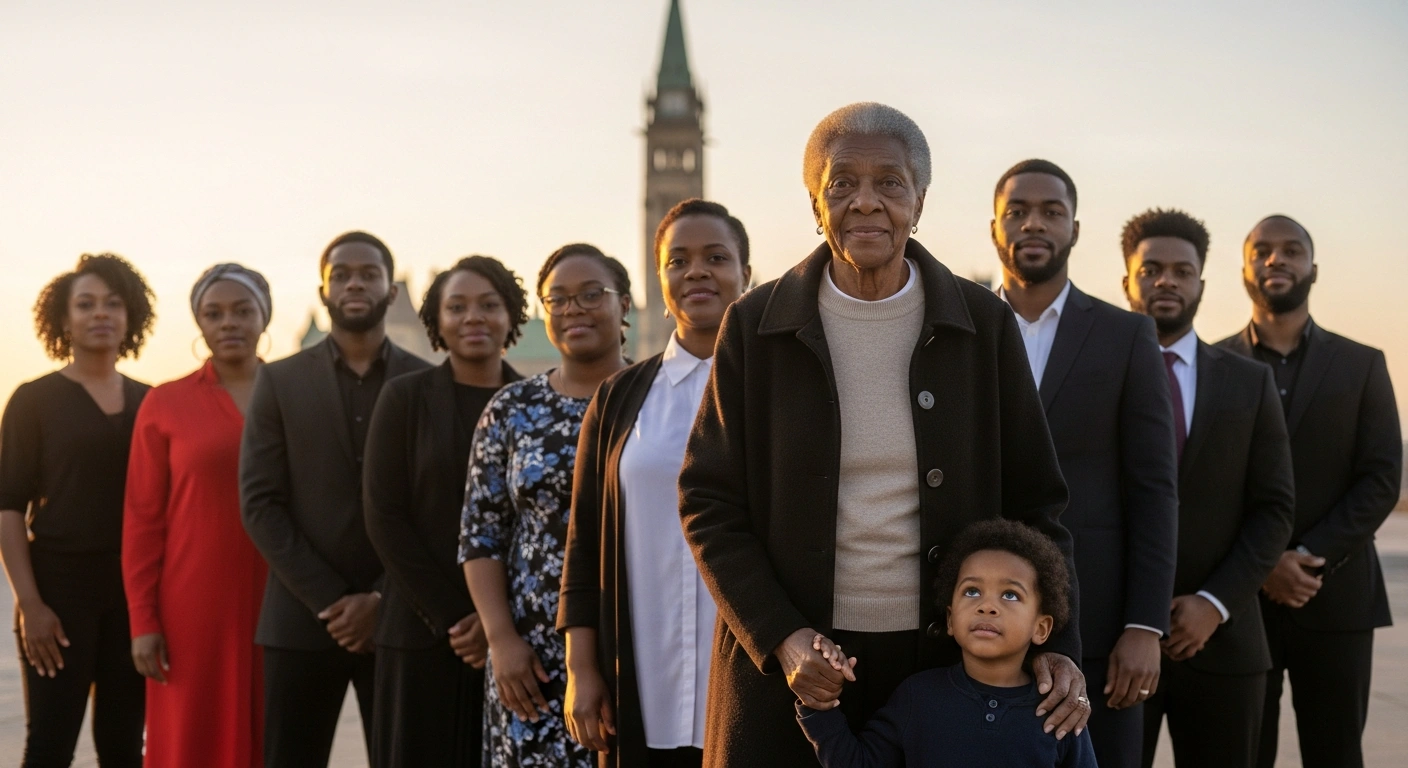 A photorealistic image depicts a diverse group of Black Canadians across multiple generations, including an elder and a child, standing together in warm golden light, symbolizing their profound contributions, historical legacies, and future aspirations during Black History Month in Canada.