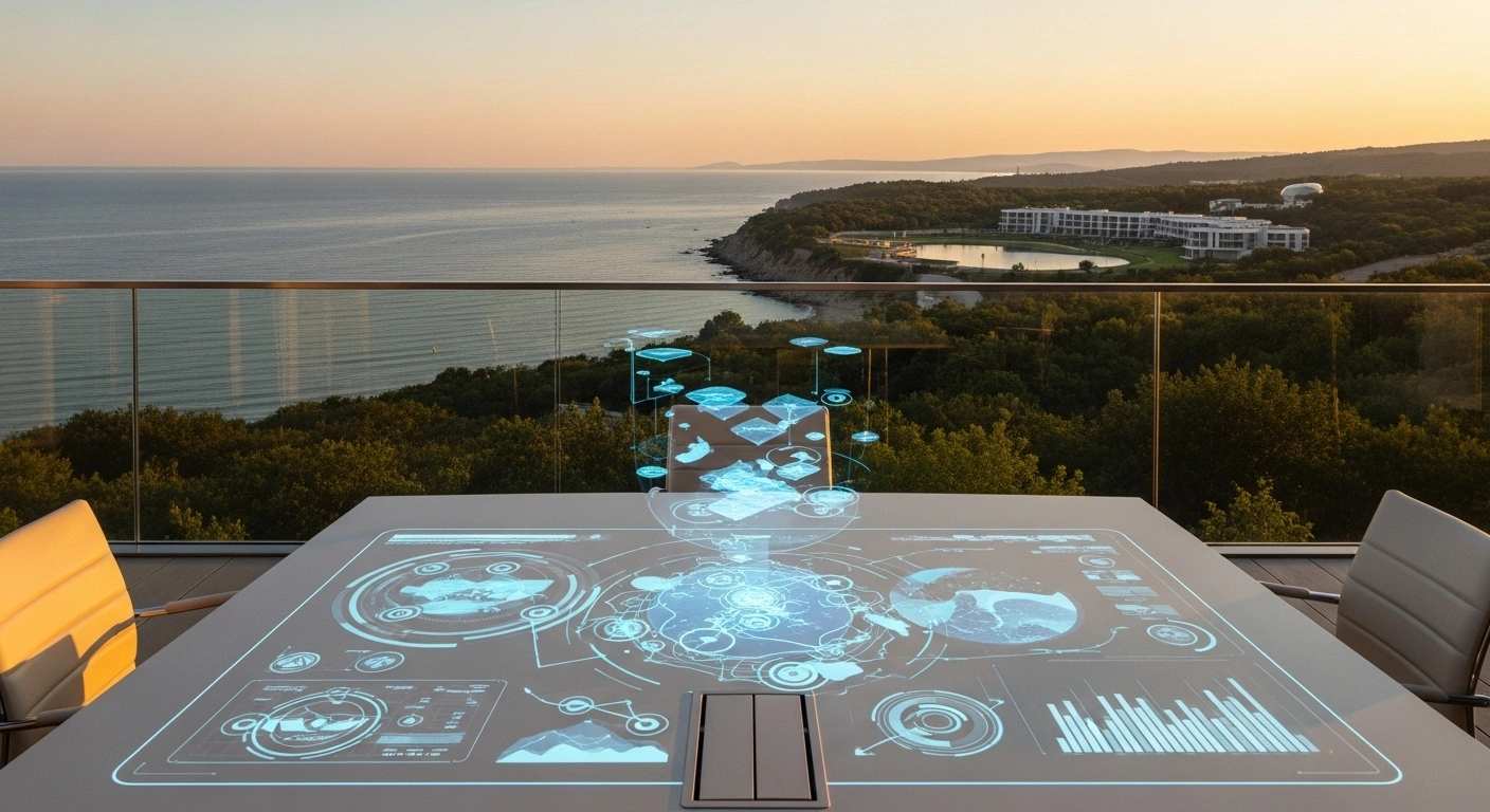 A wide-angle, golden hour photograph of the Black Sea coastline, featuring a conference table with a holographic projection of marine ecosystem data and green energy initiatives in the foreground, symbolizing discussions on sustainable tourism, eco-tourism, regional cooperation, environmental protection, economic growth, green transition, marine environment protection, and digital innovation at the Black Sea 2030 Forum.