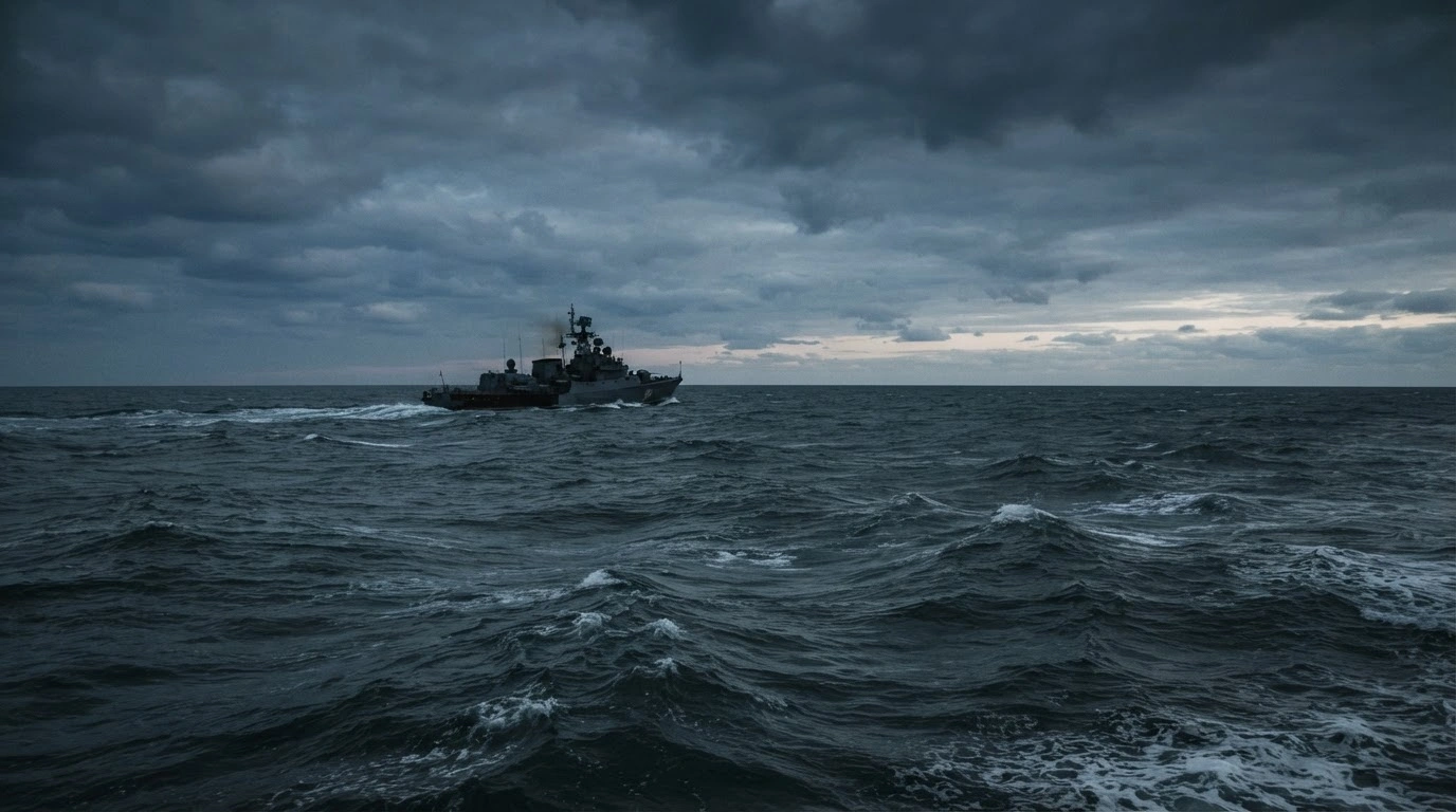 A naval vessel navigates the dark waters of the Black Sea during a period of heightened military tension.