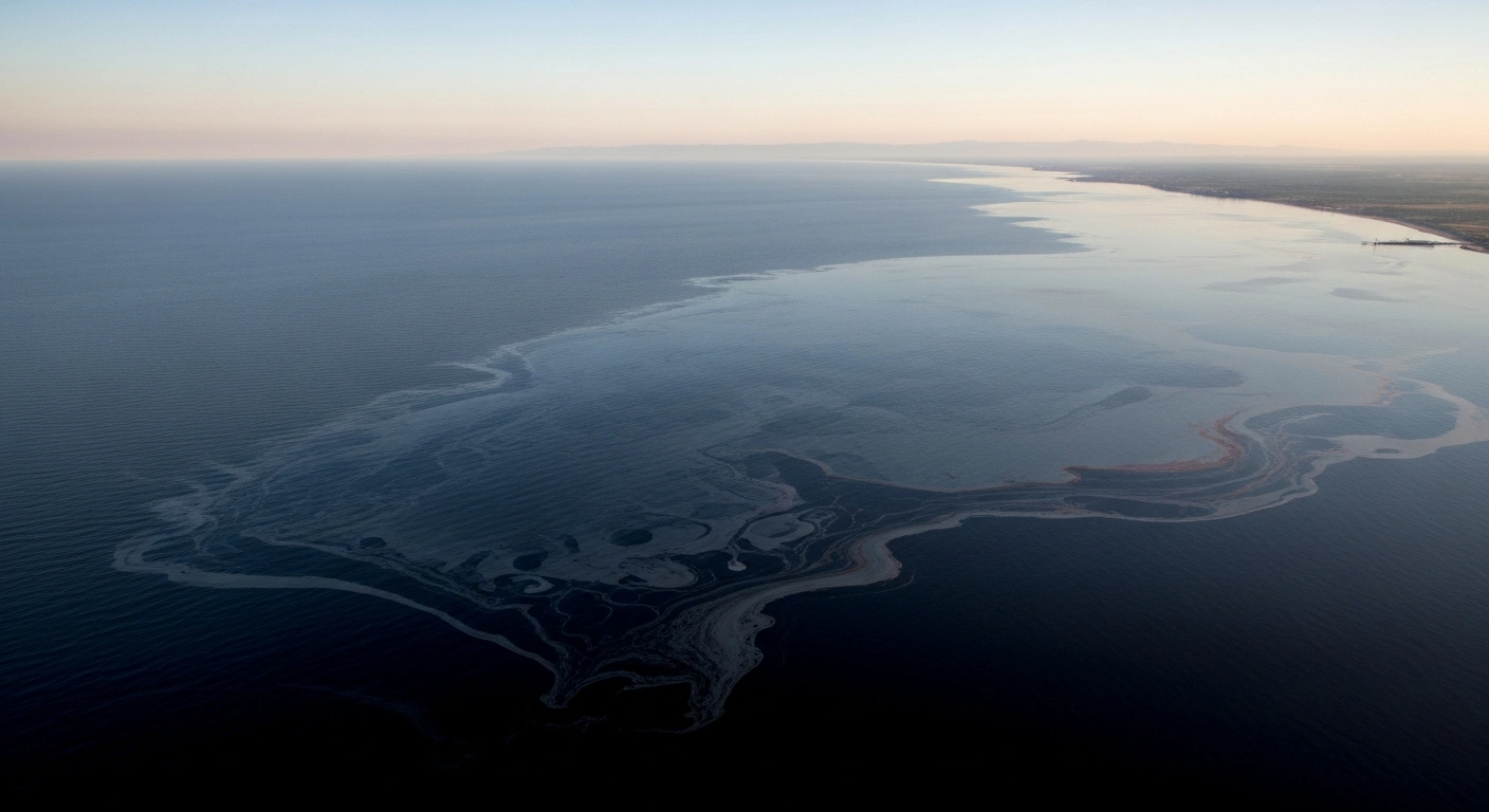 A large, iridescent black oil slick, captured from a high aerial perspective, spreads across the Black Sea, drifting ominously towards the Russian coastline, illustrating the persistent pollution stemming from incidents like the Kerch Strait tanker disaster.