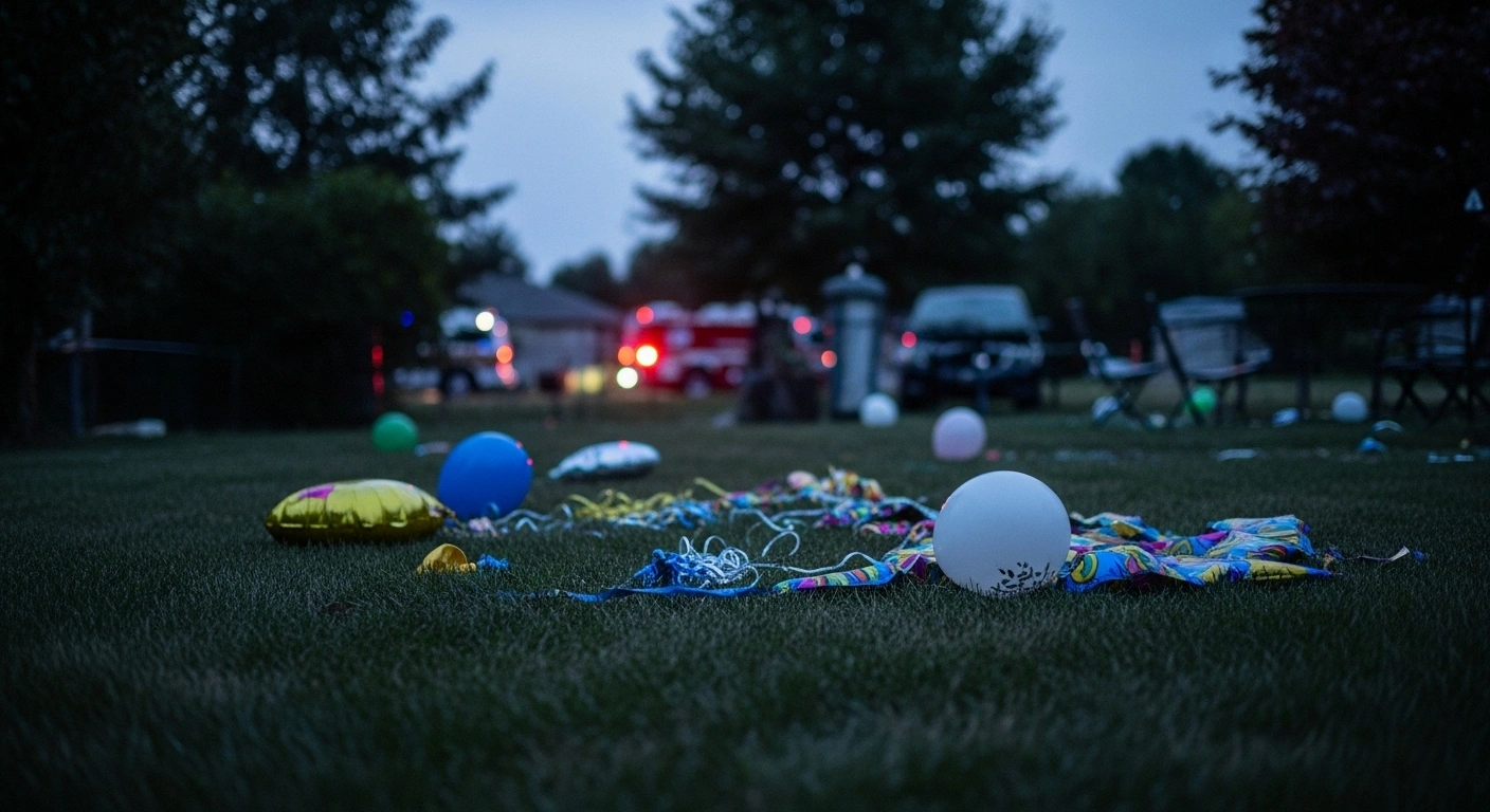 A somber, low-angle wide shot at dusk shows scattered, deflated balloons and overturned party decorations on a suburban lawn, depicting the aftermath of a car ramming into a child's outdoor birthday party in Bladensburg, Maryland, which resulted in one death and 13 injuries.