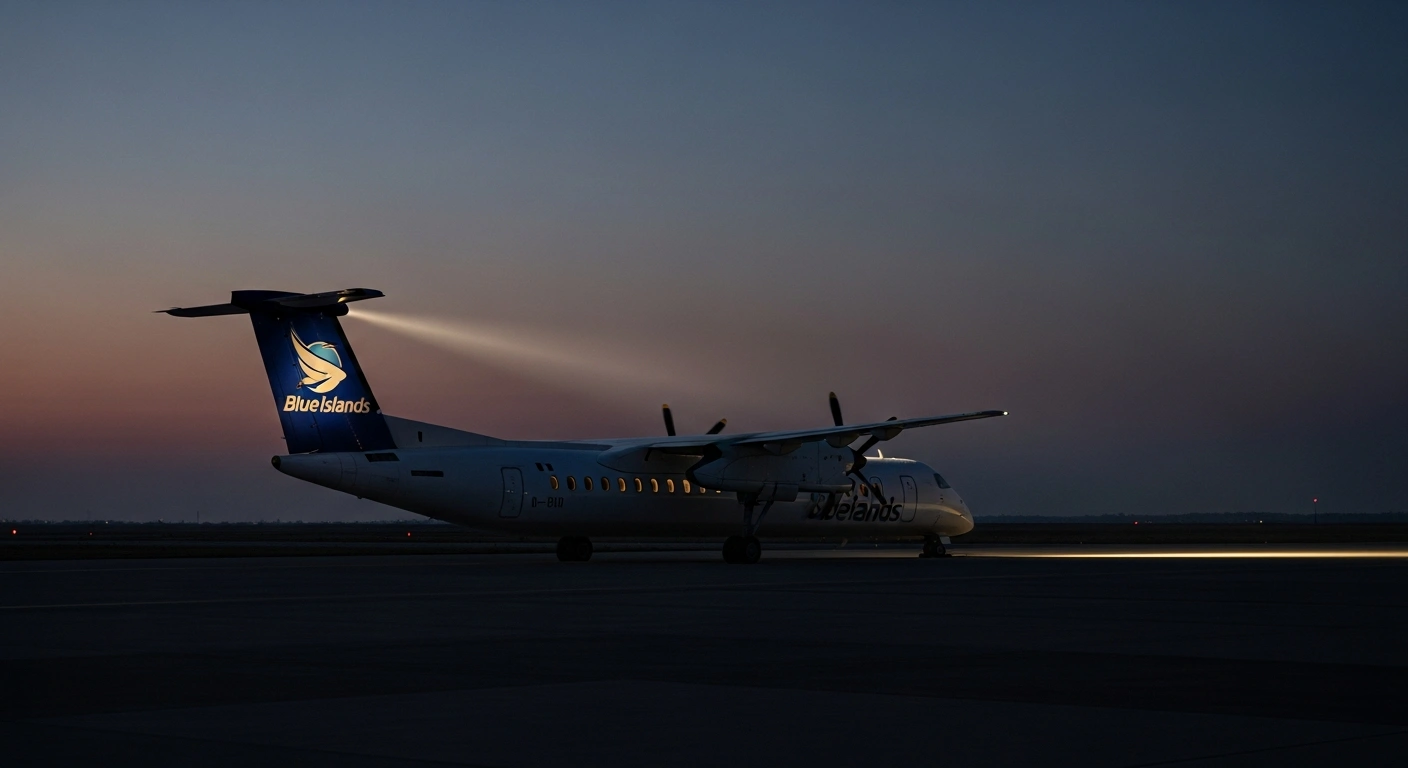A grounded Blue Islands aircraft sits on a desolate tarmac at dusk, its engines dark and tailfin illuminated by a stark spotlight, symbolizing the airline's suspension of all flights on November 14, 2025, following the Government of Jersey's refusal of further financial support and an outstanding £7 million loan.