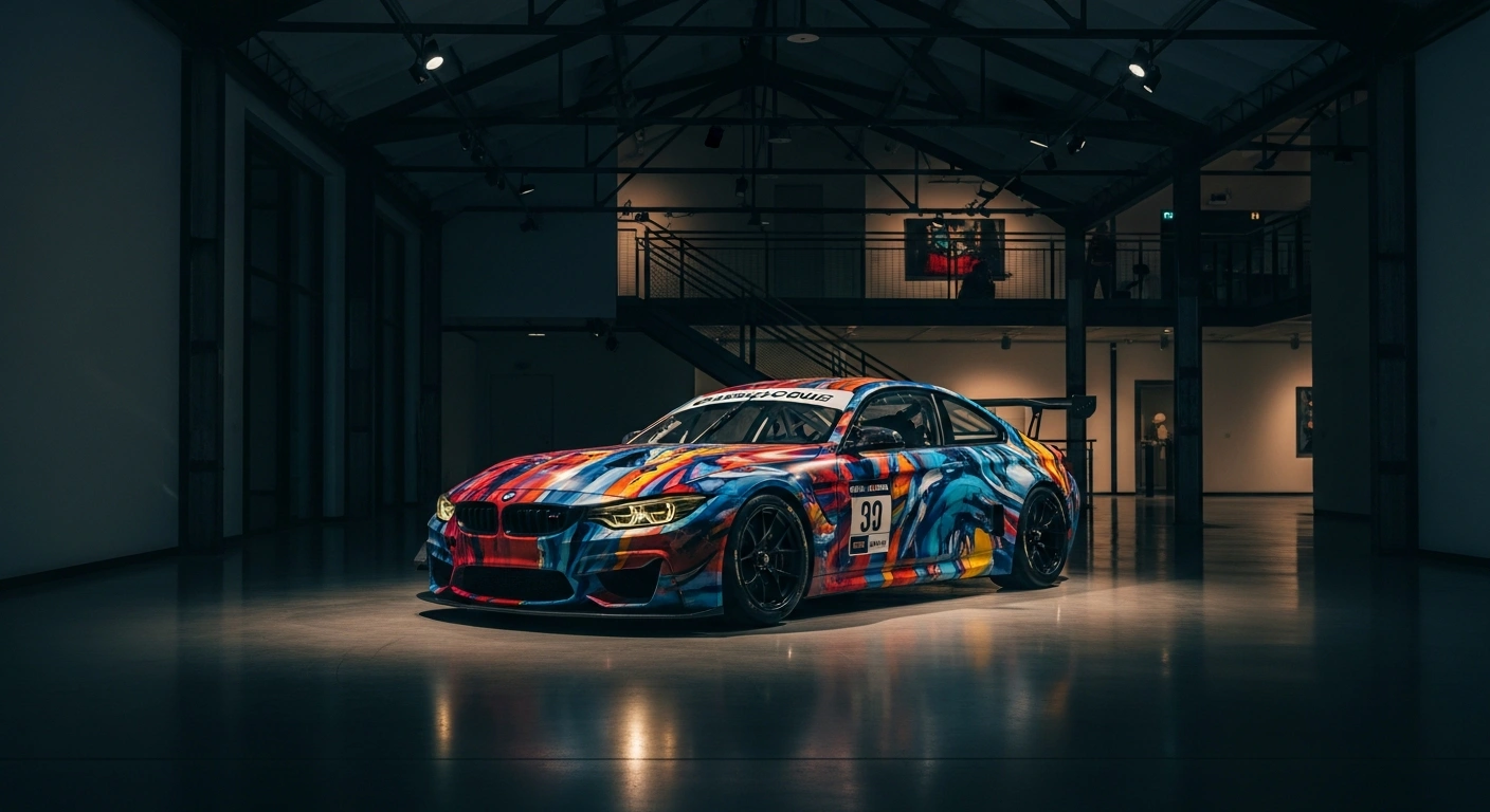 A uniquely painted BMW Art Car is on display at the Classic Car House exhibition in Lyngby, Denmark.