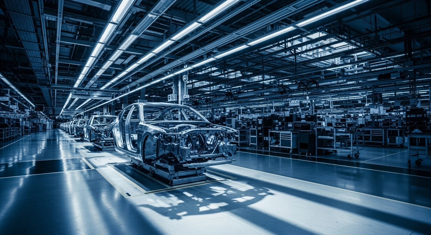 A modern BMW manufacturing facility in Germany is shown during a period of strategic cost-cutting and corporate restructuring.