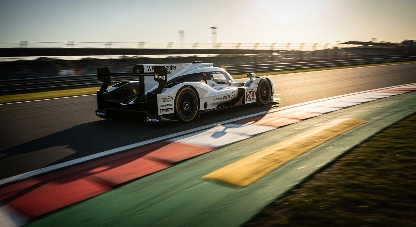 A BMW M Hybrid V8 race car speeds around a corner at the Interlagos circuit during the 6 Hours of São Paulo endurance race.