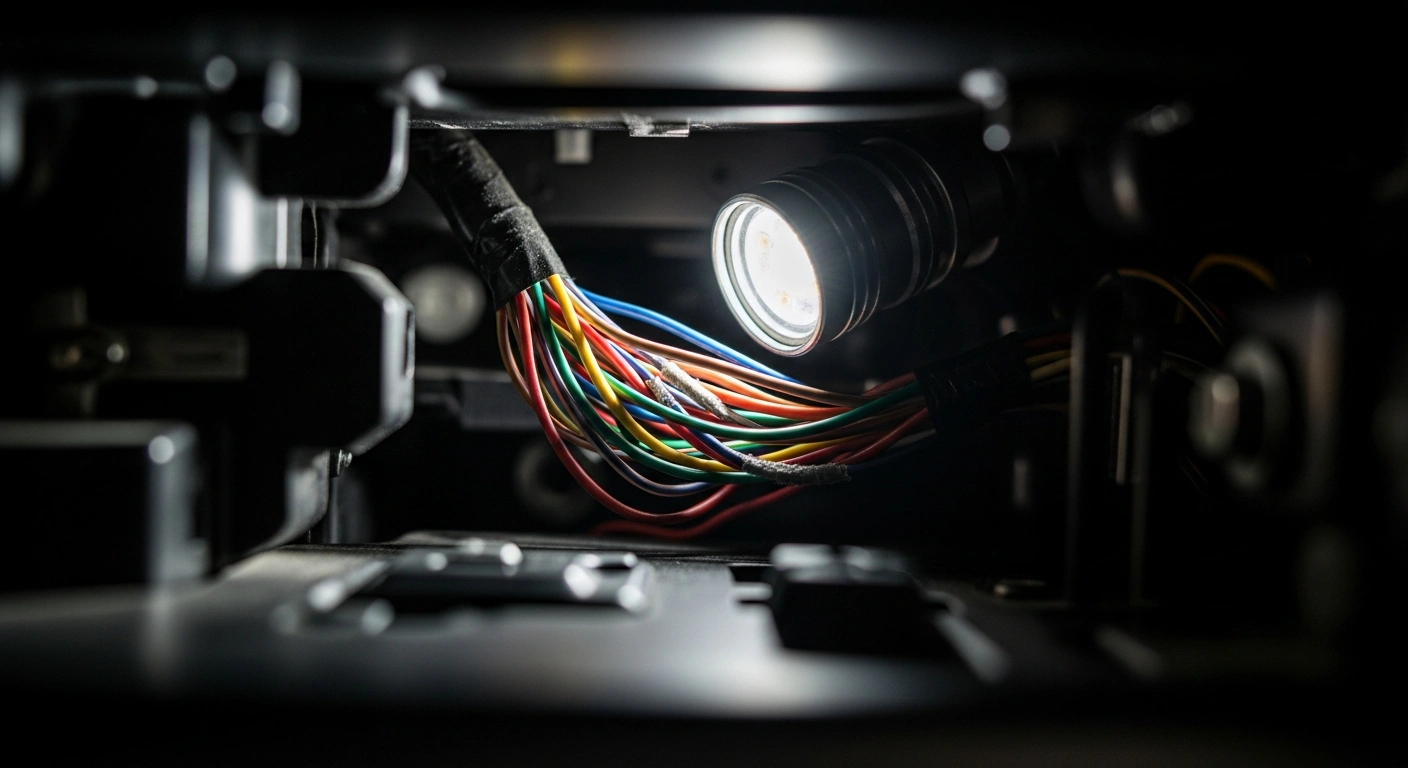 A detailed close-up shot revealing incorrectly routed and potentially damaged electrical wiring behind a partially disassembled dashboard in a modern BMW vehicle, representing the fire risk that prompted a global recall of over 330,000 cars.