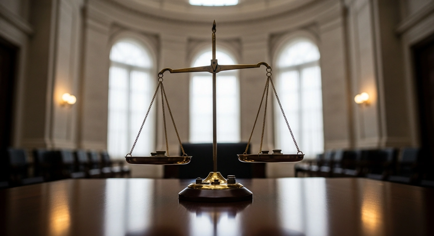 A perfectly balanced antique brass scale, symbolizing economic growth and price stability, sits prominently on a polished mahogany table in a grand, softly lit chamber, representing Bank Negara Malaysia's Monetary Policy Committee's decision to maintain the Overnight Policy Rate (OPR) at 2.75%.