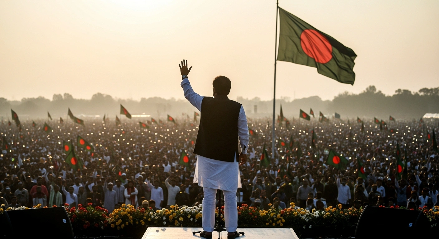 Tarique Rahman, leader of the Bangladesh Nationalist Party (BNP), stands on a brightly lit stage with a Bangladeshi flag in the background, addressing a jubilant crowd after claiming a landslide victory in the general elections, positioning him as the likely next Prime Minister.