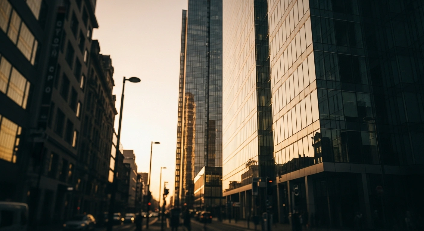 A modern glass skyscraper representing the headquarters of BNP Paribas Fortis in Belgium during a sunset.