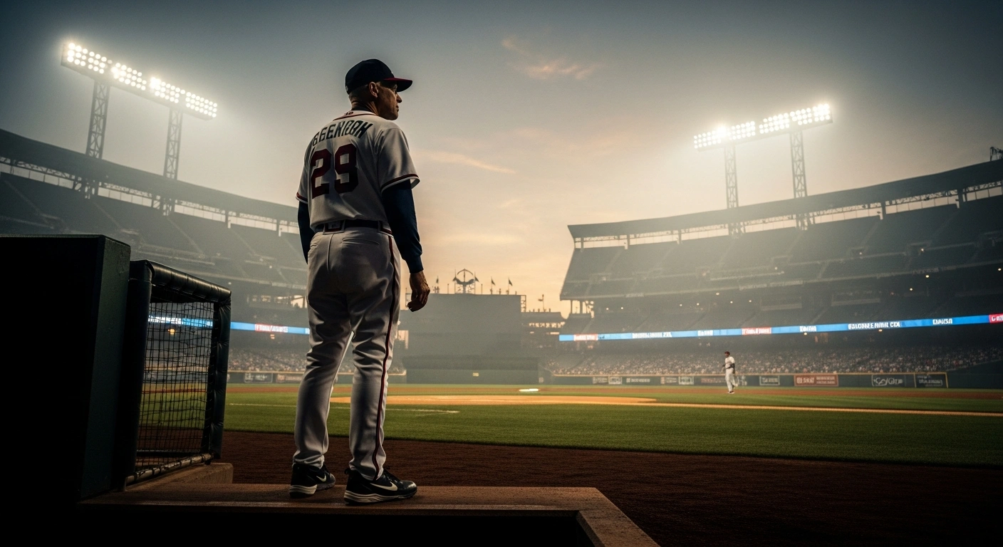A portrait of legendary Atlanta Braves manager Bobby Cox standing in a baseball dugout during his career.