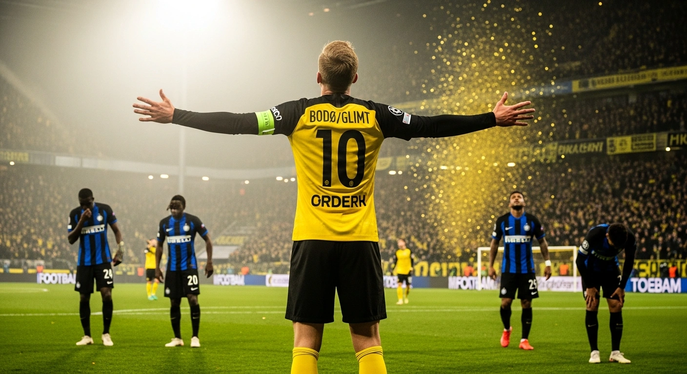 A Bodø/Glimt player, arms outstretched in triumph, is illuminated by stadium lights on the pitch, celebrating their surprising 3-1 victory over Inter Milan in a UEFA Champions League playoff match at Aspmyra Stadion, with dejected Inter Milan players visible in the background.