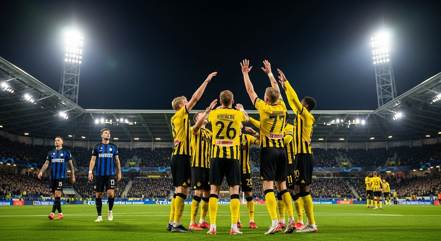 Bodo/Glimt players celebrate their surprising 3-1 victory over Inter Milan during the UEFA Champions League knockout play-off at Aspmyra Stadion, with dejected Inter Milan players visible in the background.