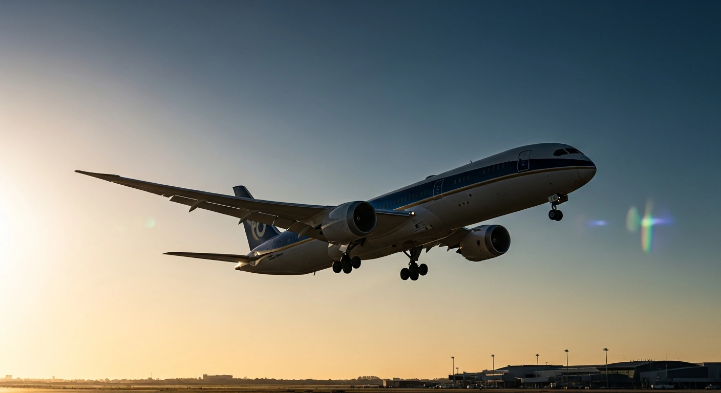 A photorealistic image of a sleek Boeing 787-9 Dreamliner aircraft, bathed in golden hour light, is shown either taking off or landing at a modern airport, visually representing the recent multi-billion dollar order from Air Astana to Boeing for up to 15 Dreamliners, which is projected to support over 20,000 U.S. jobs.