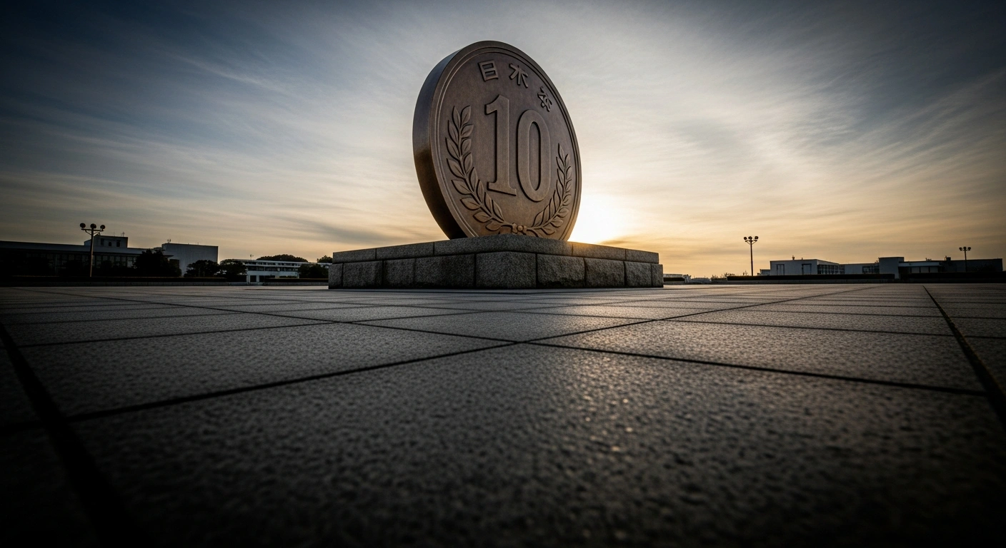 A monumental, aged bronze Japanese Yen coin is meticulously placed atop a towering, weathered stone plinth under dramatic raking light, symbolizing the Bank of Japan's decision to increase its benchmark interest rate to 0.75 percent, its highest level since September 1995, and a shift away from ultra-loose monetary policy.