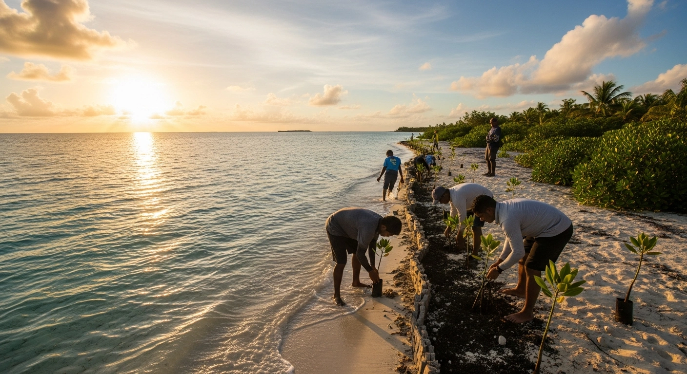A wide-angle shot at golden hour captures local conservationists actively planting mangroves along a vulnerable beach in the Bokanbotin marine protected area, Majuro Atoll, Marshall Islands, symbolizing coastal protection and conservation efforts supported by a MIMRA PAN Fund grant.