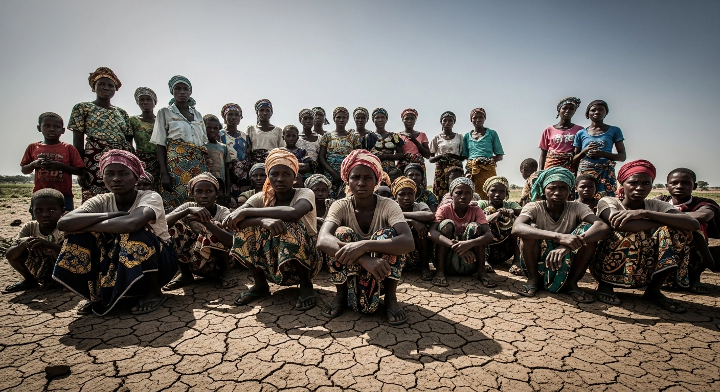 A wide, low-angle shot of a large group of abducted individuals, including women and children, huddled together on dry, cracked earth under a harsh sun in a desolate Nigerian landscape, reflecting a scene from a Boko Haram video.