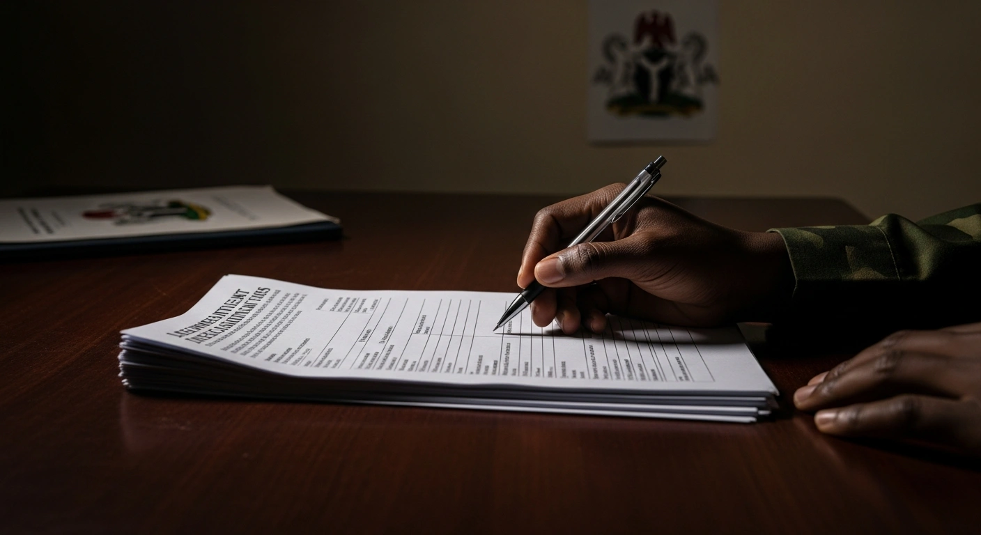 A dimly lit, official-looking wooden desk holds stacks of recruitment forms, with a scarred hand reaching for a pen, illustrating the revelation of suspected Boko Haram members and criminals on Nigerian Army and Police recruitment lists.