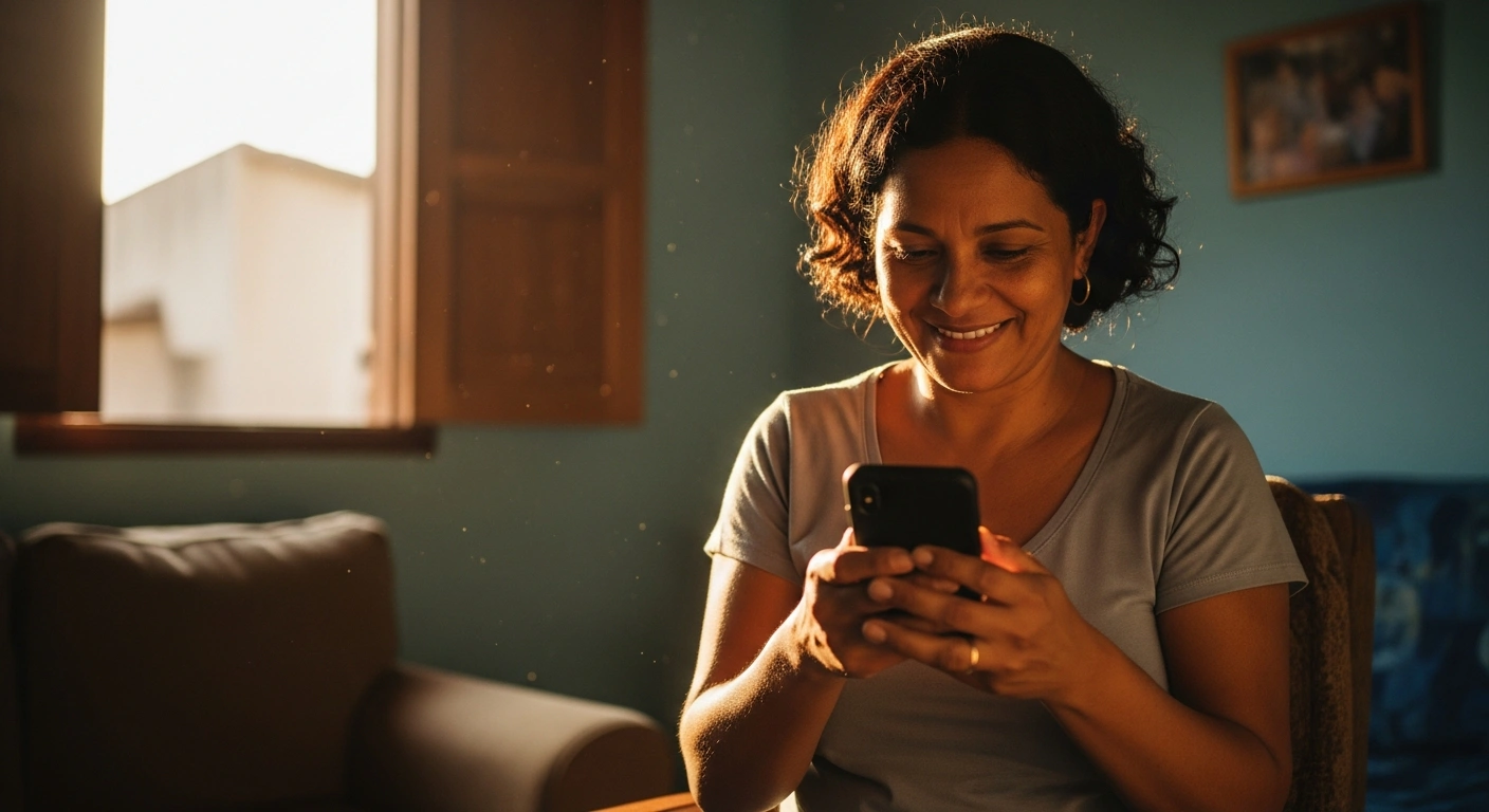 A Brazilian woman smiles while checking her phone as she receives her Bolsa Familia social welfare payment.