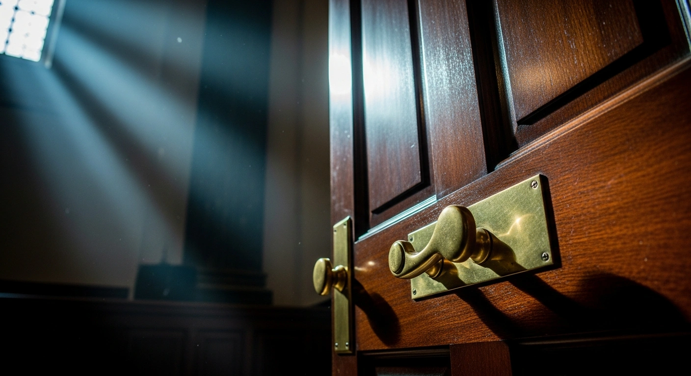 A pair of heavy wooden doors leading to a courtroom in Brazil, representing the judicial restrictions placed on former President Jair Bolsonaro.