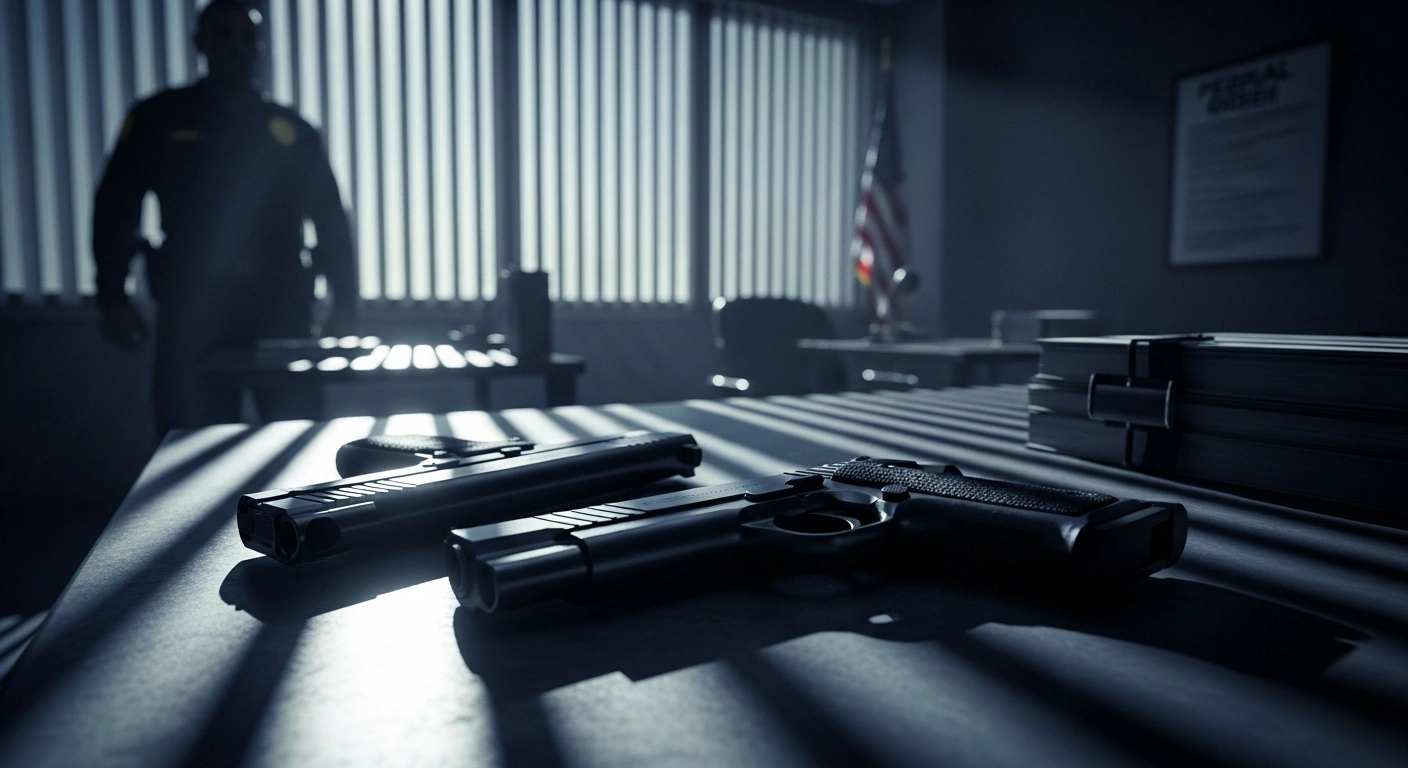 A pair of handguns rests on a table in a government office as part of the legal order for former Brazilian President Jair Bolsonaro to surrender his firearms to the Federal Police.