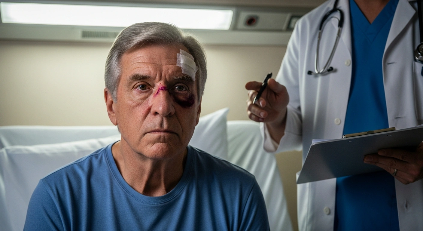 Former President Jair Bolsonaro sits on a hospital bed with a visible head injury, undergoing medical examination at DF Star Hospital in Brasília after his request for tests was initially denied but later authorized.