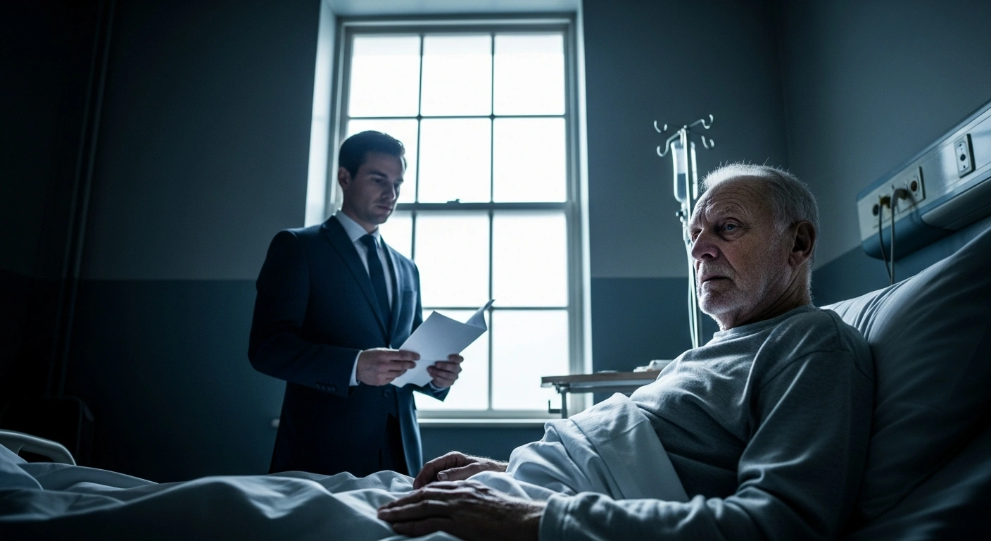 A somber scene depicting a frail, older man, resembling former Brazilian President Jair Bolsonaro, in a stark room, with a younger man, resembling his son Flavio Bolsonaro, standing beside him, holding a document, symbolizing an endorsement for the 2026 Brazilian presidential election.