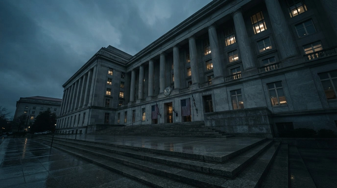 The exterior of a U.S. government building at dusk represents the State Department's ongoing review of Jair Bolsonaro's visa status.