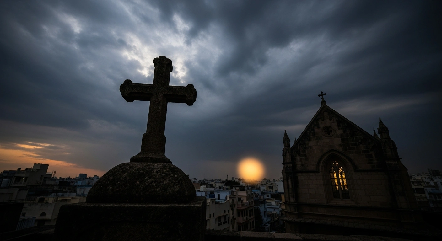 A stone cross stands against a dark, stormy sky in Mumbai, representing the concerns of the Archdiocese of Bombay regarding religious freedom legislation.