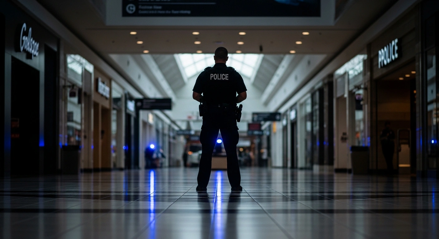 A lone police officer stands in a dimly lit shopping center corridor during a tactical response to the Bondi Junction stabbing incident.