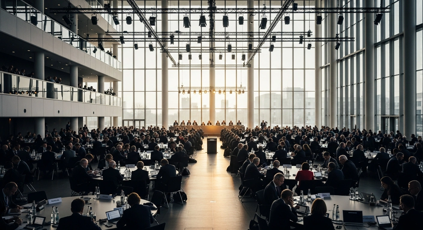 International delegates gather in a large conference hall in Bonn, Germany, to discuss global climate finance and resilience strategies at the UN June Climate Meetings.