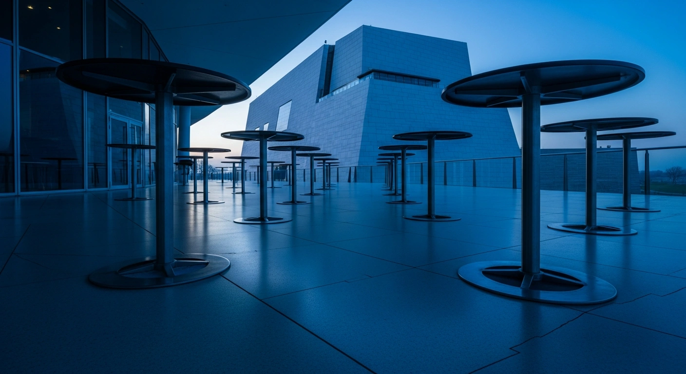 The empty terrace of the Ipanema café at the Bonnefanten Museum in Maastricht shows the aftermath of a theft where dozens of chairs were stolen.