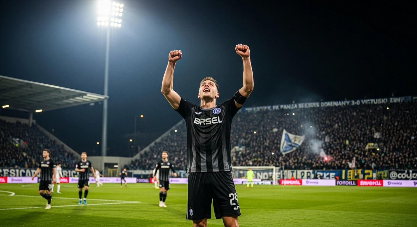 A triumphant FK Borac Banja Luka football player celebrates on the pitch under stadium lights after their 3-0 victory against HŠK Zrinjski Mostar in a WWIN Liga BiH match at Gradski stadion, solidifying their top league position.