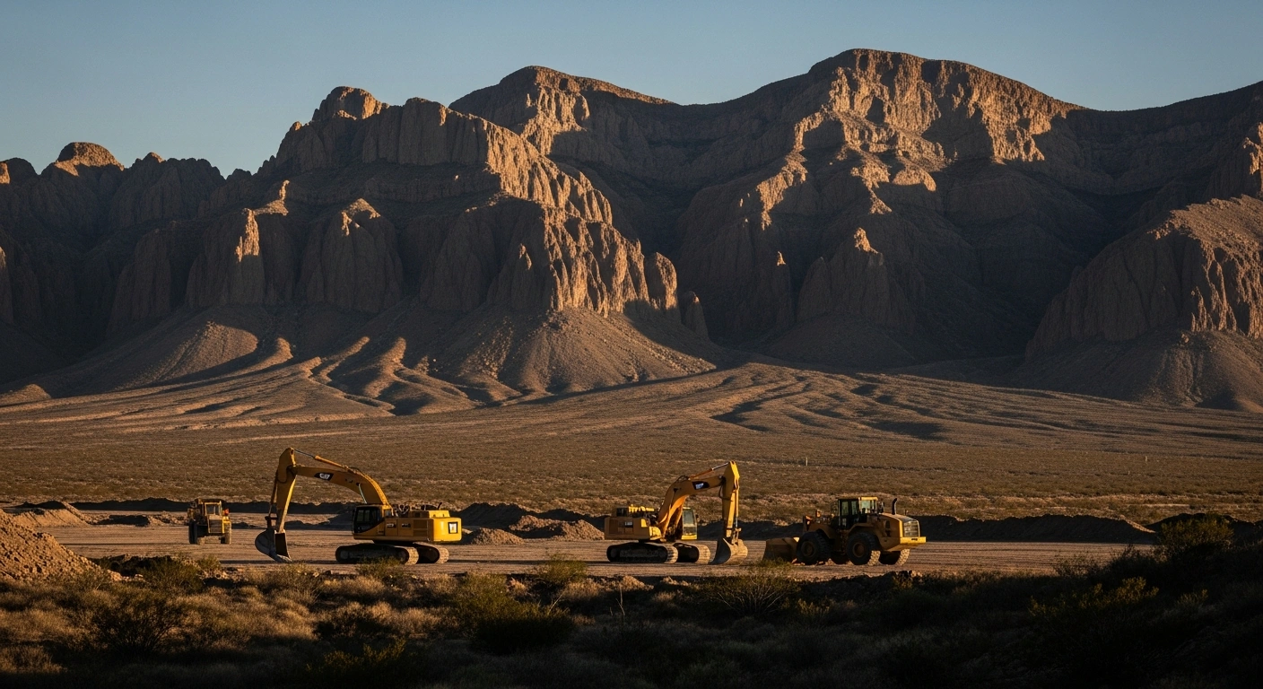 Heavy construction machinery sits in the remote desert landscape of Big Bend National Park during the construction of a border barrier.