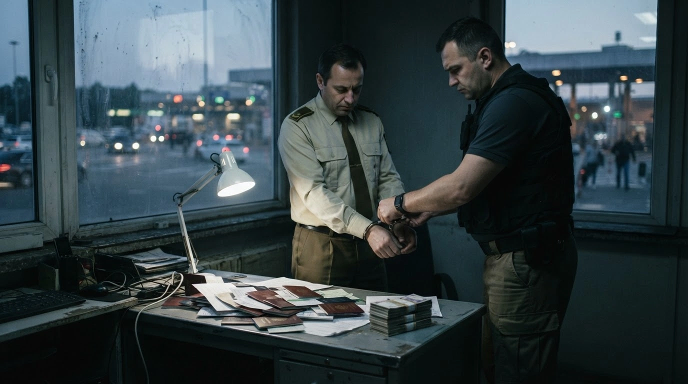 A South African Border Management Authority official is arrested by law enforcement officers after being found with multiple passports and a large amount of cash.