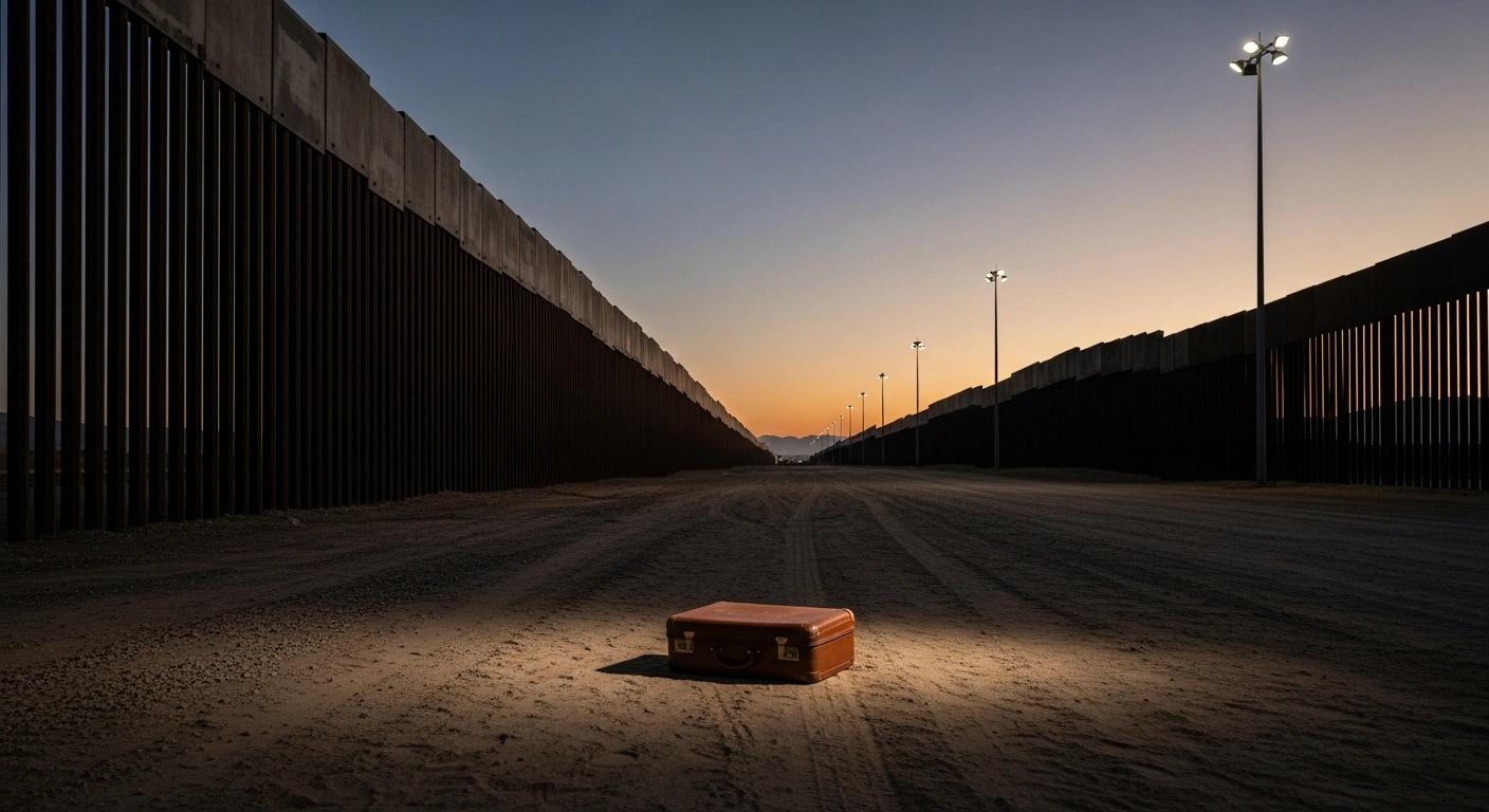 A wide shot of an imposing border wall stretching into the twilight horizon, with a single abandoned suitcase in the foreground, illuminated by harsh floodlights, symbolizing halted migration and the impact of policies on non-citizens following recent events.