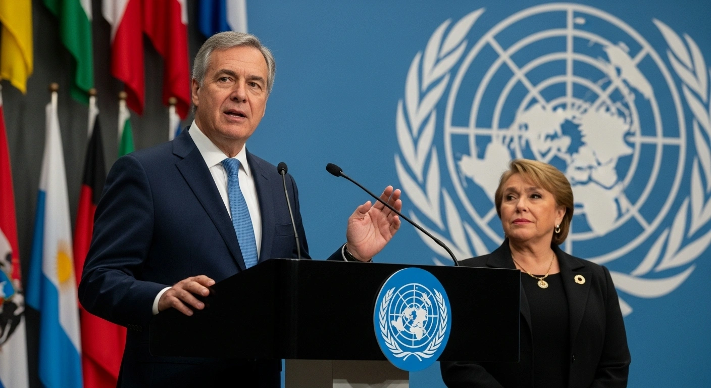 Chile's President Gabriel Boric stands at a modern podium, gesturing with conviction, as he nominates former president Michelle Bachelet, who stands behind him with a thoughtful expression, against a blurred background of international flags, symbolizing her candidacy for UN Secretary-General.